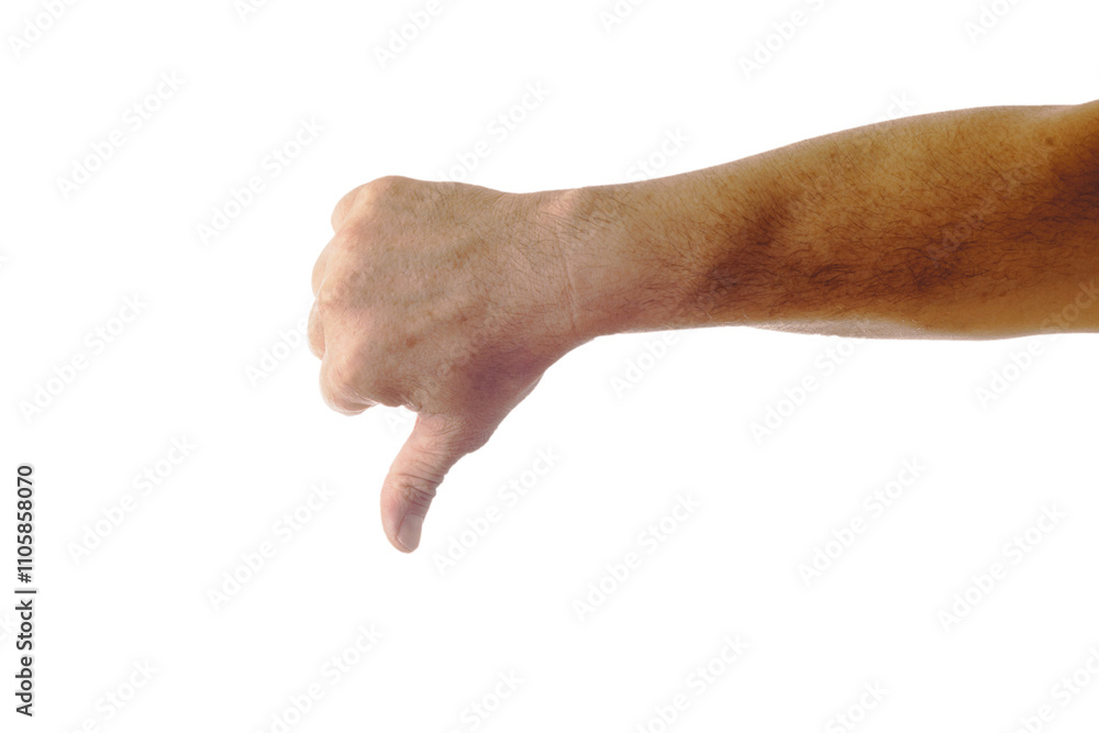 Adult male hand showing thumbs down gesture isolated on white