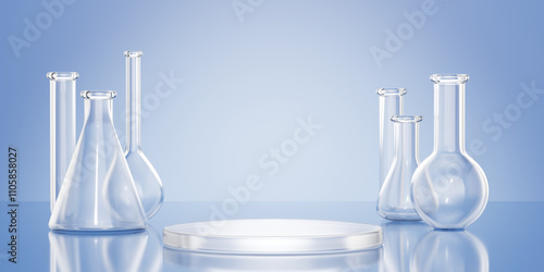 3d render lab equipment and glass podium. Clear laboratory glassware set for scientific experiments and analysis. Beakers and flasks with product platform for chemistry, biology, and cosmetology.