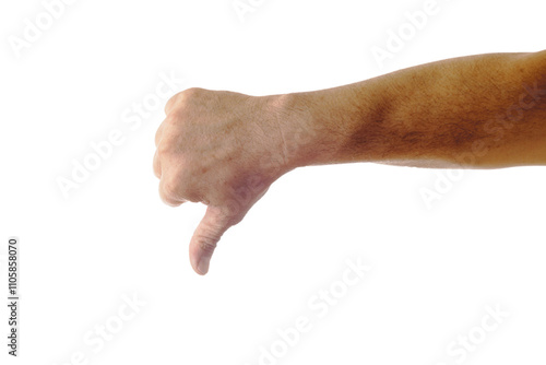 Obraz na płótnie Adult male hand showing thumbs down gesture isolated on white w salonie