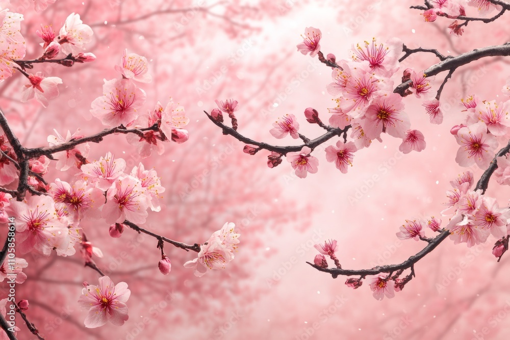 Cherry blossom flowers blooming on branch in spring with pink background Cherry blossom flowers blooming on branch in spring with pink background