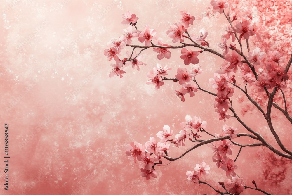Cherry blossom flowers blooming on branch in spring with pink background Cherry blossom flowers blooming on branch in spring with pink background