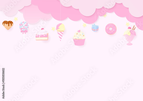 Pastel dessert with pink cloud background