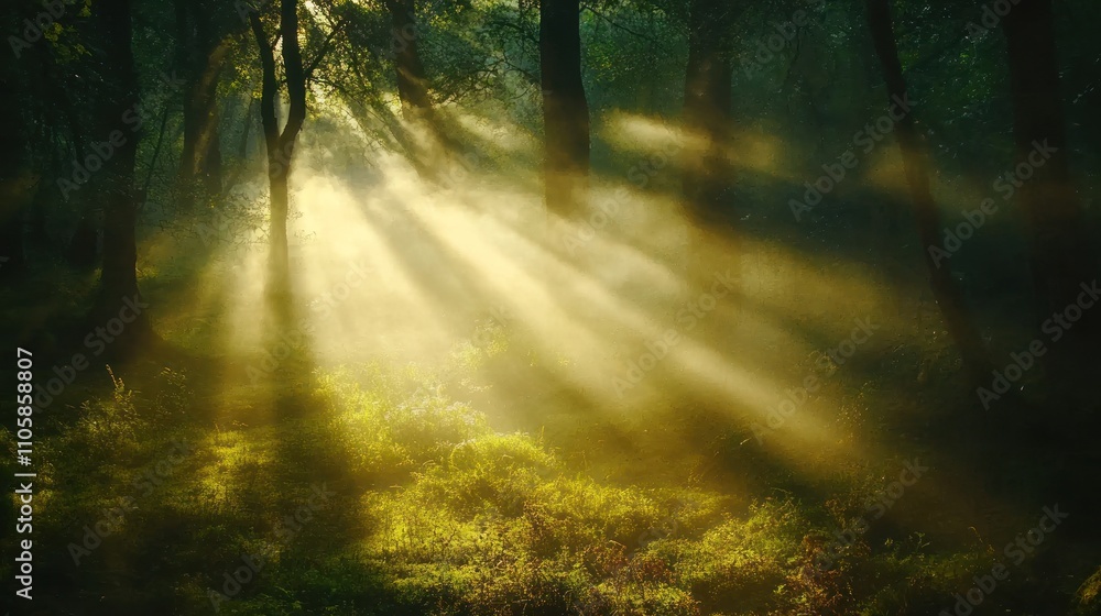 Sunbeams Illuminate Misty Forest Floor Sunbeams Illuminate Misty Forest Floor