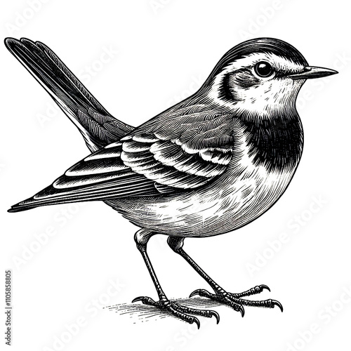 a wagtail sketch engraving. White background.