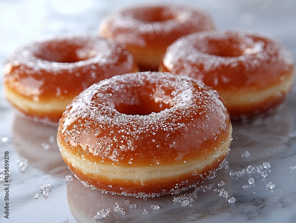 Delectable glazed donut with shiny sugar coating displayed on pristine white backdrop Delectable glazed donut with shiny sugar coating displayed on pristine white backdrop