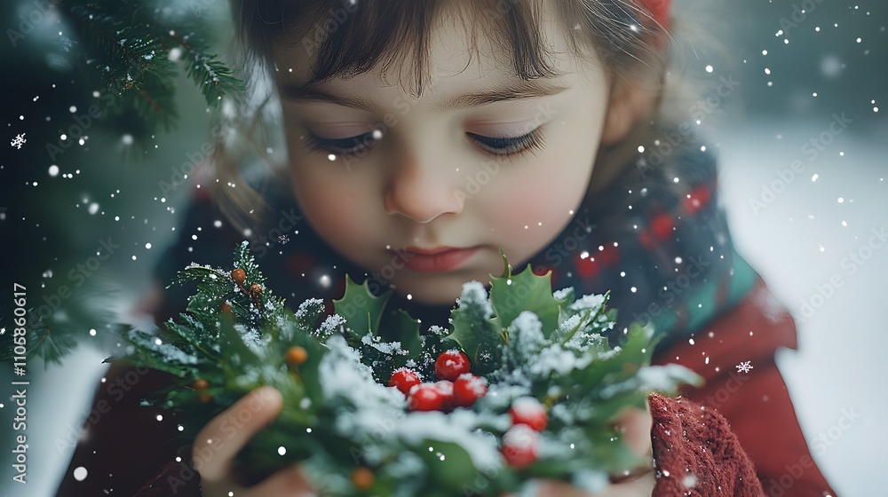 A candid portrait of a child holding a tiny Christmas wreath, with snowflakes gently falling around them. 4k resolution, Cinematic Scene A candid portrait of a child holding a tiny Christmas wreath, with snowflakes gently falling around them. 4k resolution, Cinematic Scene