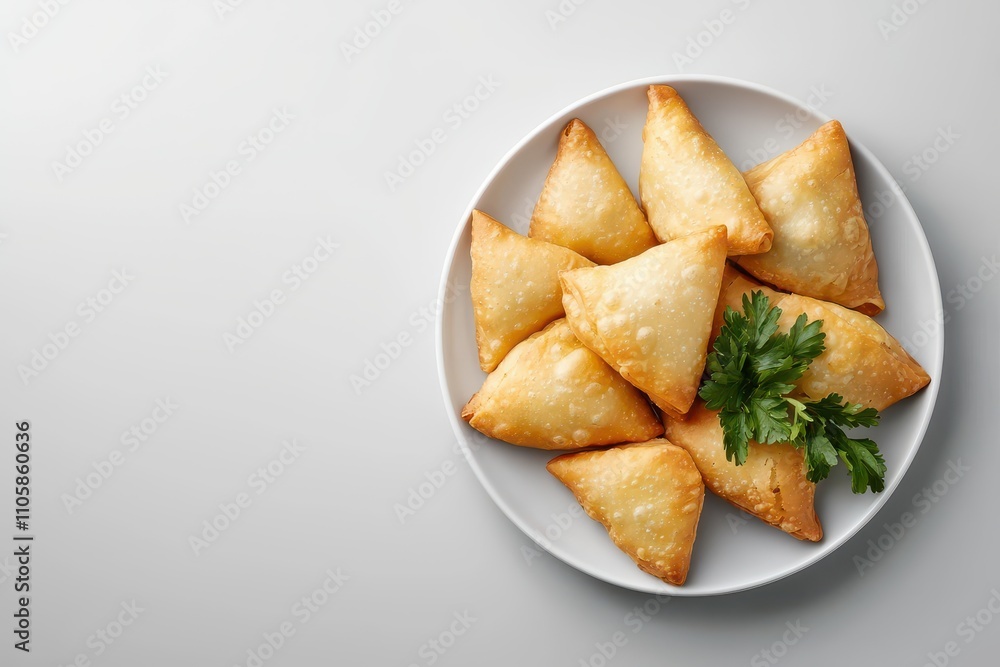 Golden Fried Pastry Samosas Served on a White Plate with Garnish Golden Fried Pastry Samosas Served on a White Plate with Garnish