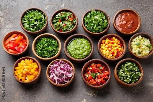 Colorful Assortment of Fresh Vegetables and Sauces in Bowls