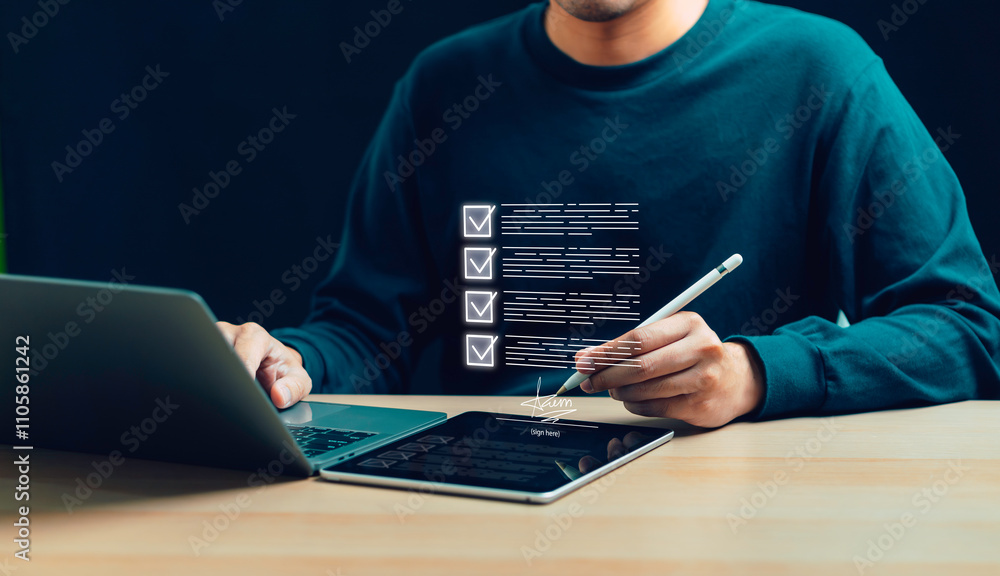 E-sign concept for document management concept, check electronic documents on digital documents on virtual screen Document Management System and process automation to efficiently document paperless.
