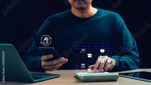Obraz na płótnie Debt financial concept, person using calculator to calculate financial Calculate expenses Business finance and investment Budget management tax, bank account balance and credit card bills payment. w salonie