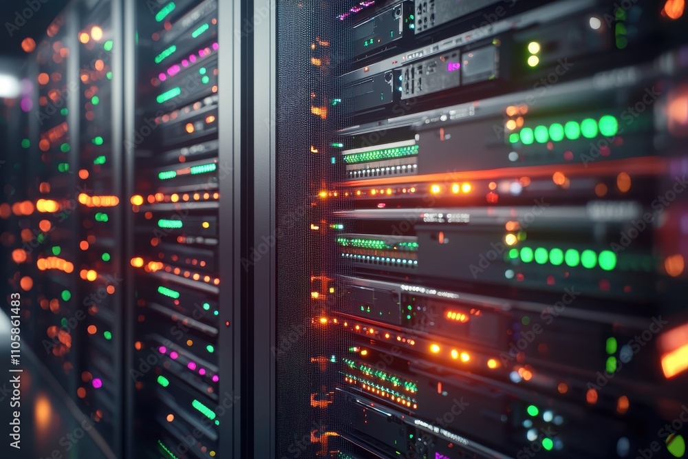 High-Tech Server Room with Colorful Lights and Modern Equipment High-Tech Server Room with Colorful Lights and Modern Equipment