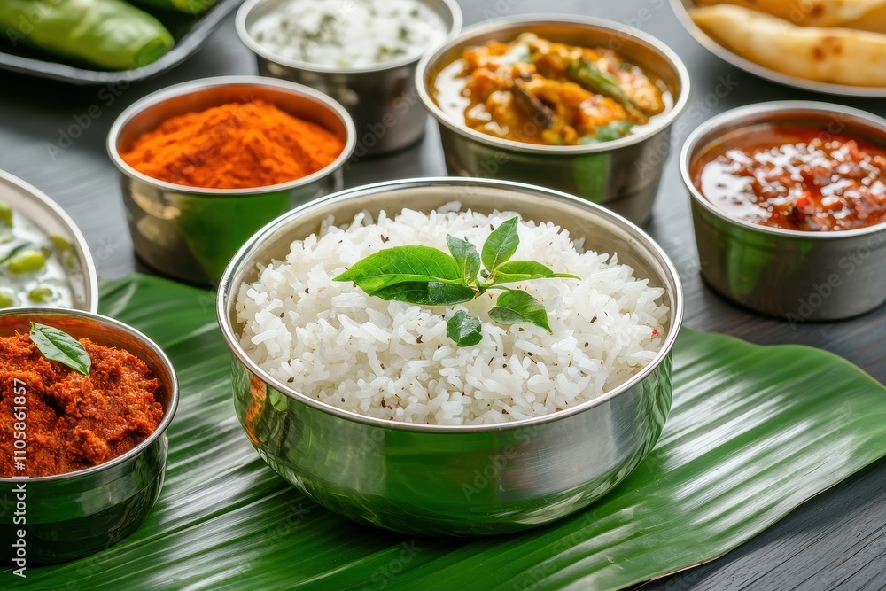 Delicious Indian Cuisine with Rice and Variety of Spices and Dishes Delicious Indian Cuisine with Rice and Variety of Spices and Dishes