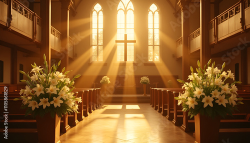 Church interior with a serene atmosphere, sunlight streaming through stained glass windows photo