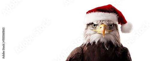 An eagle wearing christmas santa hat white background banner, funny animal dressed xmas theme photo