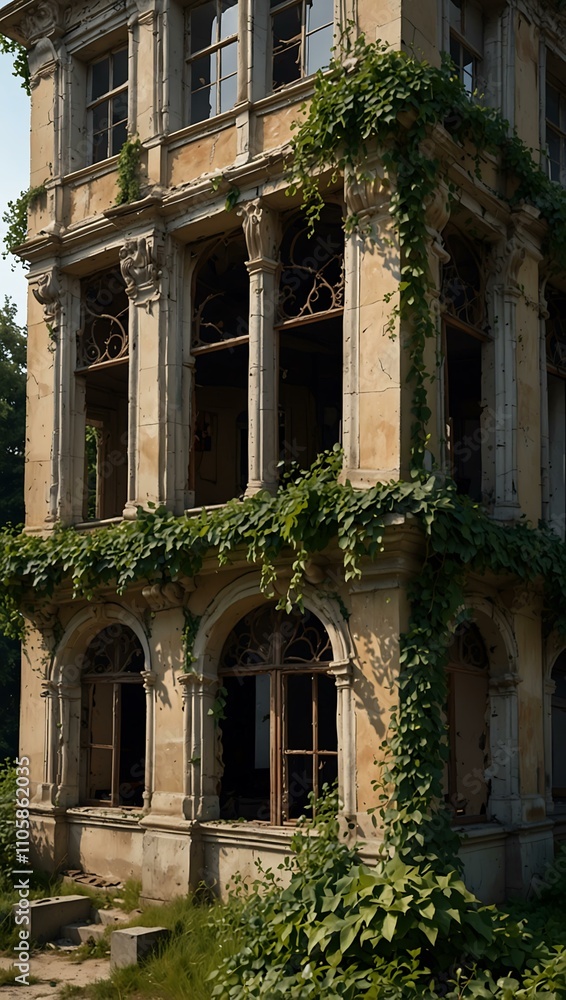 Fototapeta premium Crumbling mansion with ivy and broken windows, hyperrealistic.