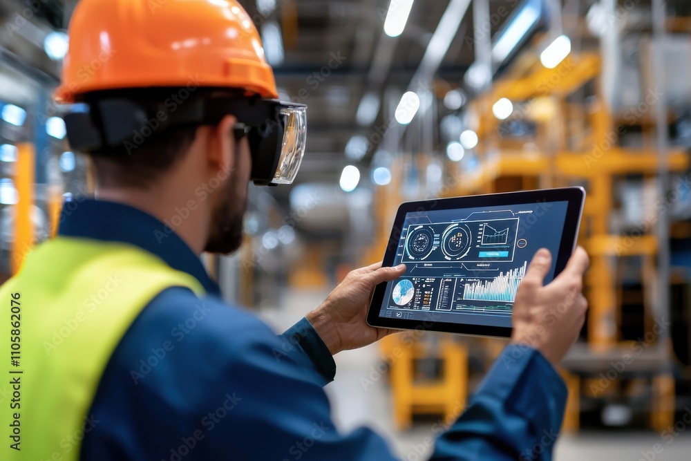 Industrial Worker Using Tablet for Data Analysis in Warehouse Environment Industrial Worker Using Tablet for Data Analysis in Warehouse Environment