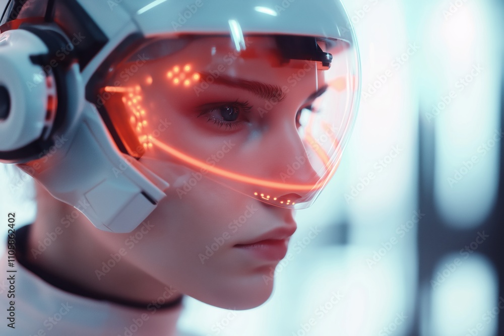 A woman in a white helmet with red lights on her face. The helmet is glowing and the woman's face is illuminated. The image has a futuristic and sci-fi vibe to it A woman in a white helmet with red lights on her face. The helmet is glowing and the woman's face is illuminated. The image has a futuristic and sci-fi vibe to it