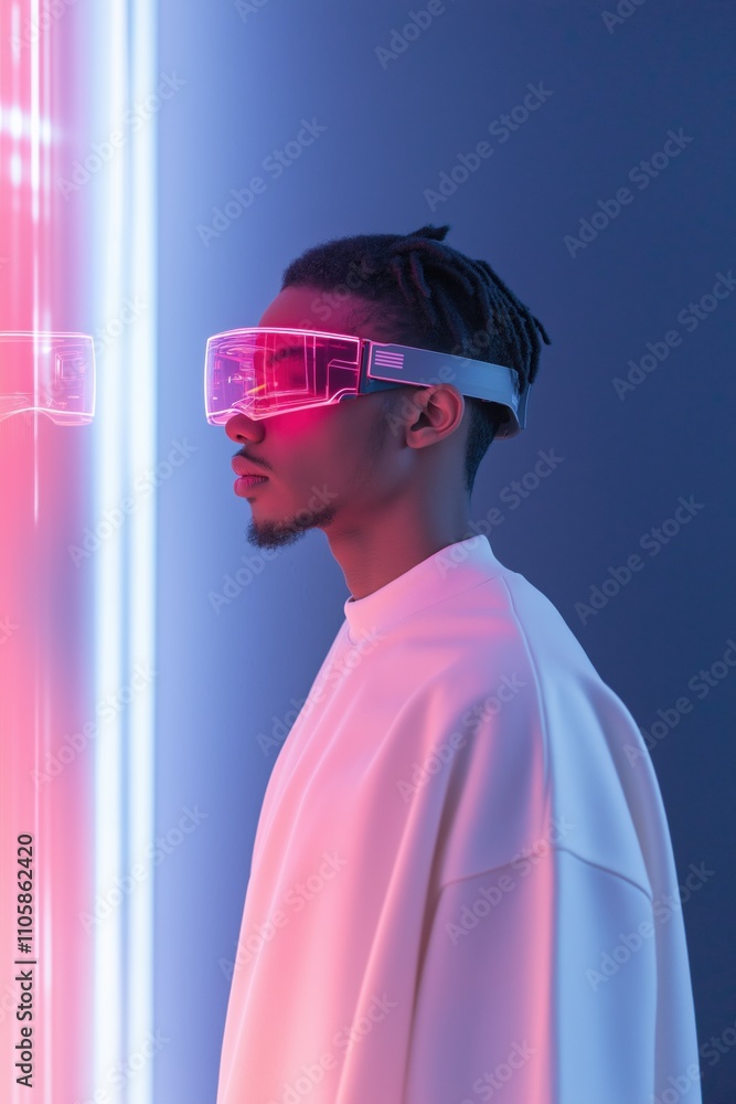 A man wearing virtual reality goggles stands in front of a neon light. The image conveys a futuristic and technological atmosphere, with the man's attire A man wearing virtual reality goggles stands in front of a neon light. The image conveys a futuristic and technological atmosphere, with the man's attire