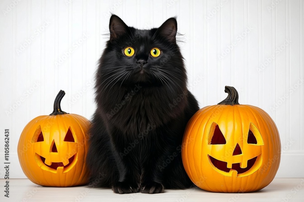 a photostock of a Cute funny black cat in halloween decor room. Happy Halloween party concept. , isolated on white background, , copy space, copy space for text, a photostock of a Cute funny black cat in halloween decor room. Happy Halloween party concept. , isolated on white background, , copy space, copy space for text,