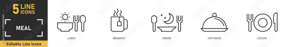 Meal line icon set. Set of 5 outline icons related to lunch, breakfast, dinner, hot dishes, cutlery and more. Vector illustration. Meal line icon set. Set of 5 outline icons related to lunch, breakfast, dinner, hot dishes, cutlery and more. Vector illustration.