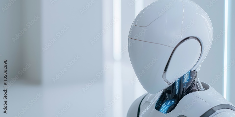 A robot with a blue face stands in a white room. The robot is made of metal and has a blue face A robot with a blue face stands in a white room. The robot is made of metal and has a blue face