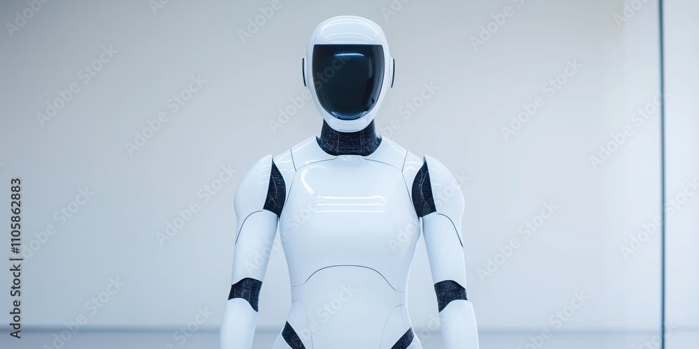 Fototapeta premium A robot is standing in front of a white wall. The robot is white and has a black face