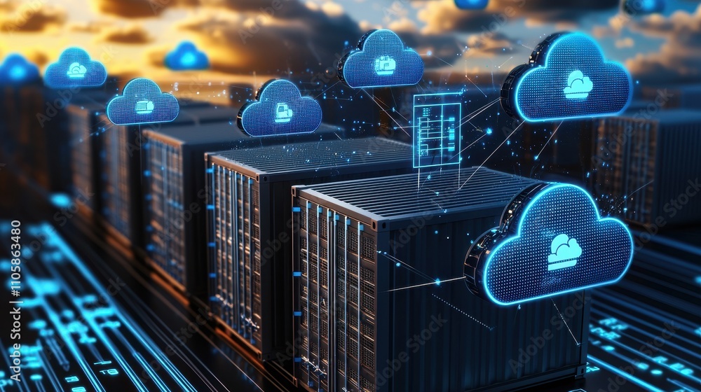 Digital Cloud Storage Concept with Data Transfer and Shipping Containers Digital Cloud Storage Concept with Data Transfer and Shipping Containers