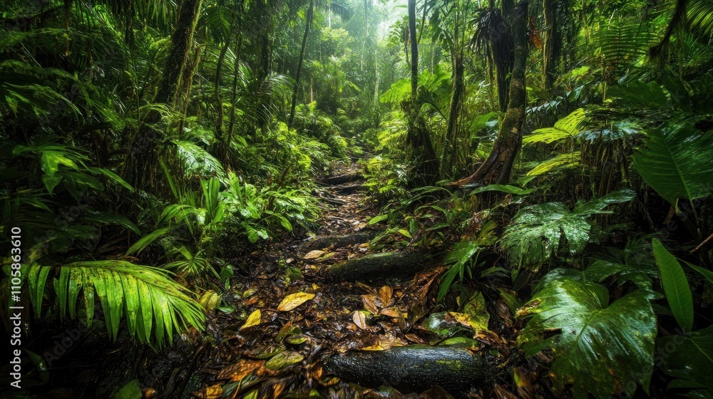 Lush Rainforest Trail Path Through Verdant Canopy Lush Rainforest Trail Path Through Verdant Canopy