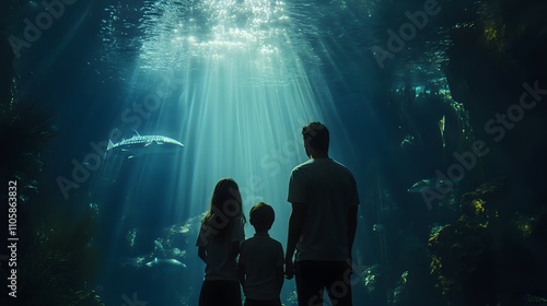 A family standing in awe before a massive aquarium tank in a natural history museum, with the light of the water casting soft reflections on their faces. 4k resolution, Cinematic Scene photo