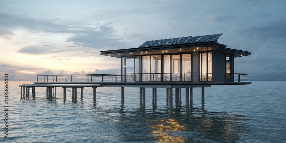 dark grey and ivory luxury coastal stilt house with small pier and modern solar panel technology and cozy elegant balcony dark grey and ivory luxury coastal stilt house with small pier and modern solar panel technology and cozy elegant balcony