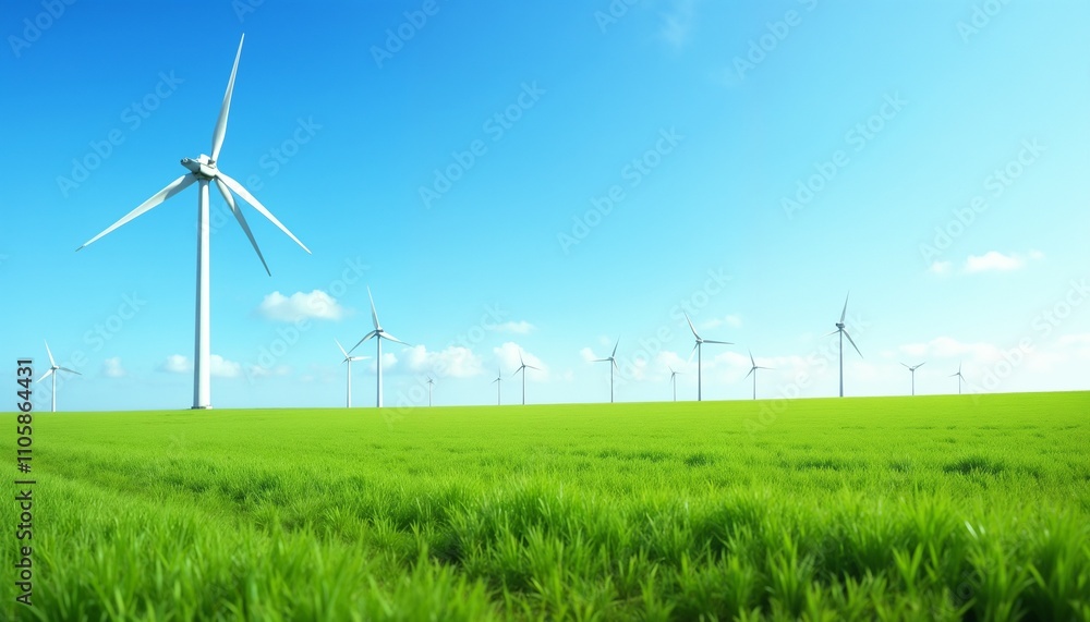 Wind turbines in a lush green field under a bright blue sky showcasing renewable energy Wind turbines in a lush green field under a bright blue sky showcasing renewable energy