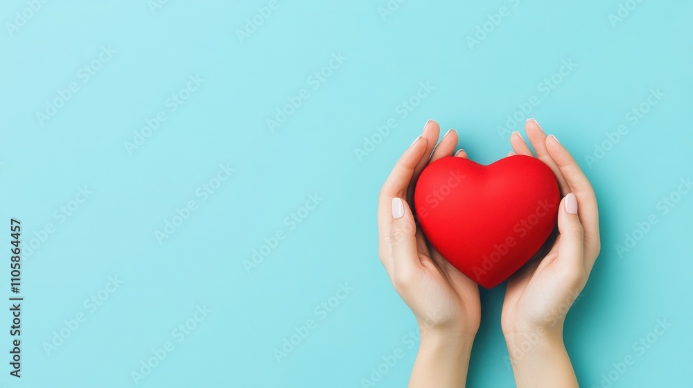 A pair of hands gently cradling a vibrant red heart against a soothing blue background, symbolizing love and care. A pair of hands gently cradling a vibrant red heart against a soothing blue background, symbolizing love and care.