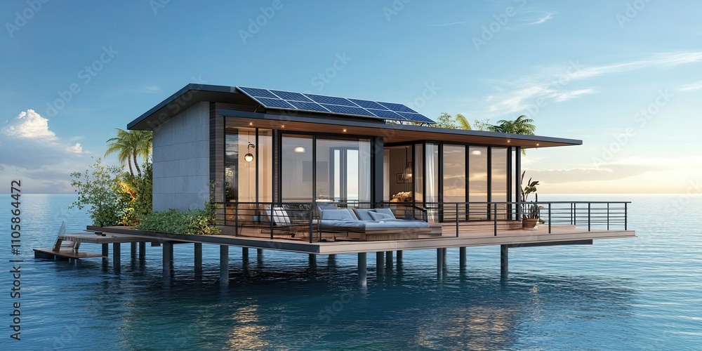 dark grey and ivory luxury coastal stilt house with small pier and modern solar panel technology and cozy elegant balcony dark grey and ivory luxury coastal stilt house with small pier and modern solar panel technology and cozy elegant balcony