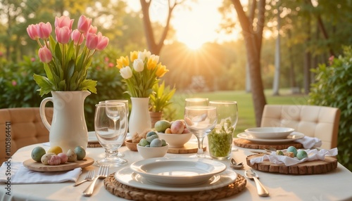 Outdoor Easter brunch table with flowers and colorful treats in a sunlit garden setting