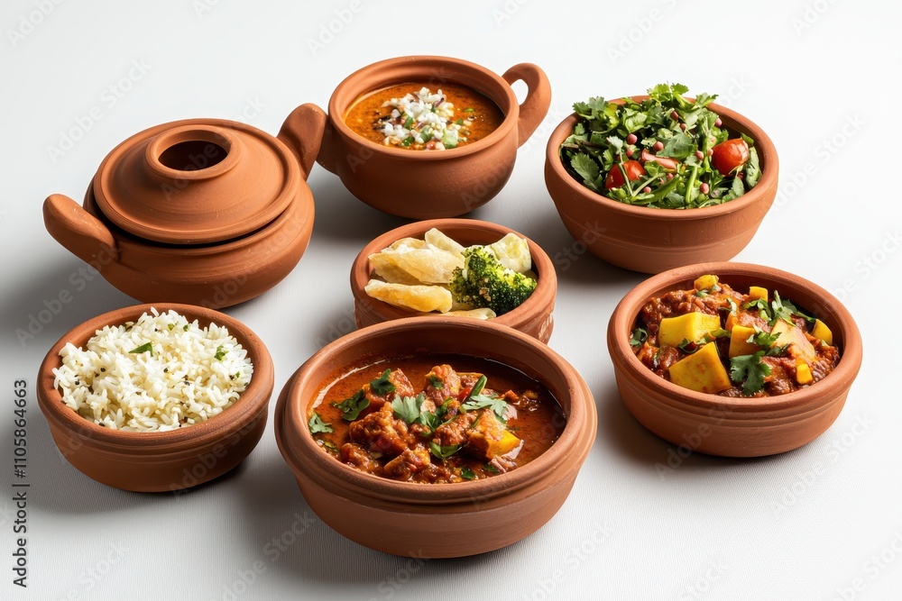 Delicious Indian Dishes Served in Traditional Earthenware Bowls Delicious Indian Dishes Served in Traditional Earthenware Bowls