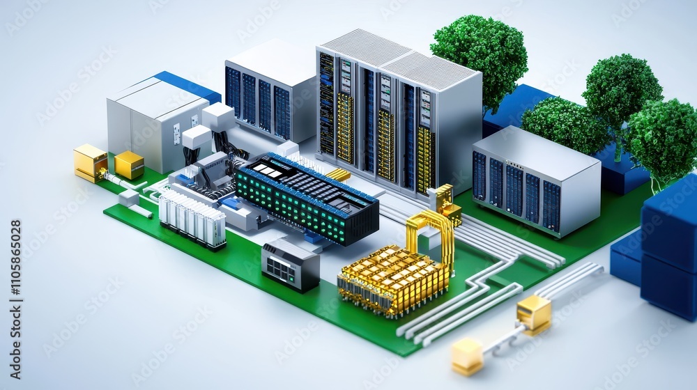 Detailed 3D Illustration of Modern Data Center with Server Racks Detailed 3D Illustration of Modern Data Center with Server Racks