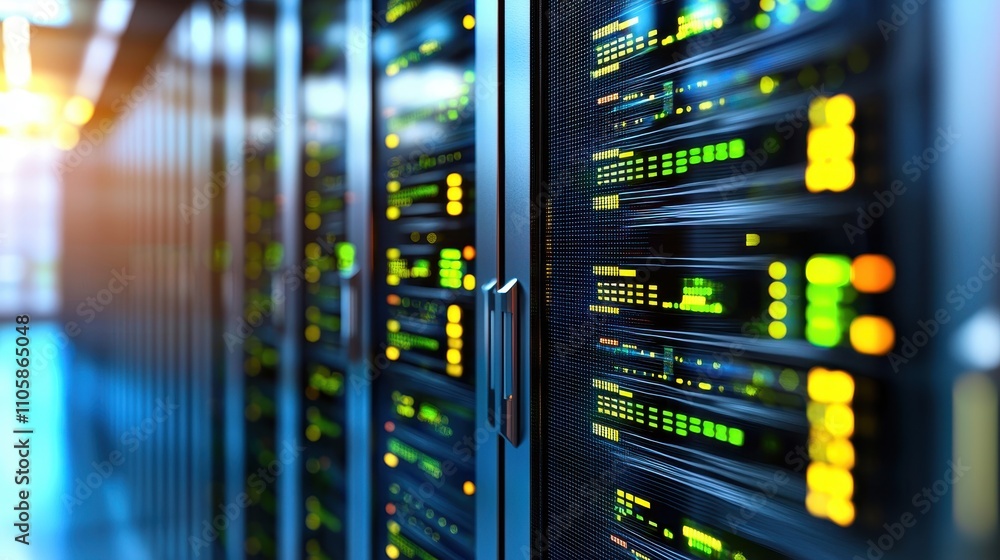 Data center technology with server racks and illuminated displays Data center technology with server racks and illuminated displays
