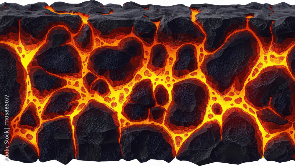 Fiery lava flowing through dark rock formations Fiery lava flowing through dark rock formations
