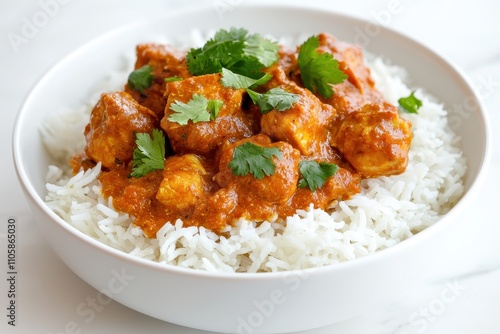 Delicious Chicken Curry Served Over Steamy White Rice with Herbs