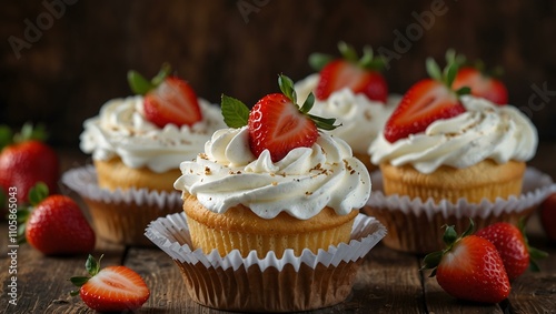 Cupcakes with whipped cream, strawberries on a wooden background.