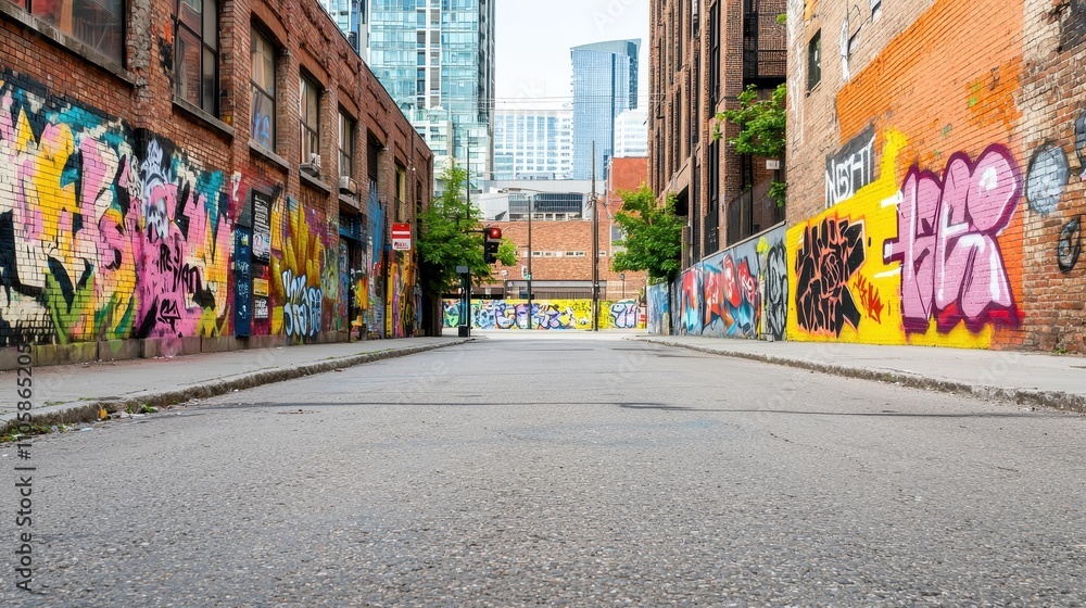 Fototapeta premium Vibrant Urban Alleyway with Colorful Graffiti Murals and Street Art