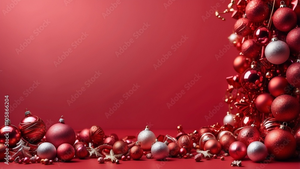 Christmas red background or border with Christmas ornaments and candies, including copy space. High-quality photograph Christmas red background or border with Christmas ornaments and candies, including copy space. High-quality photograph