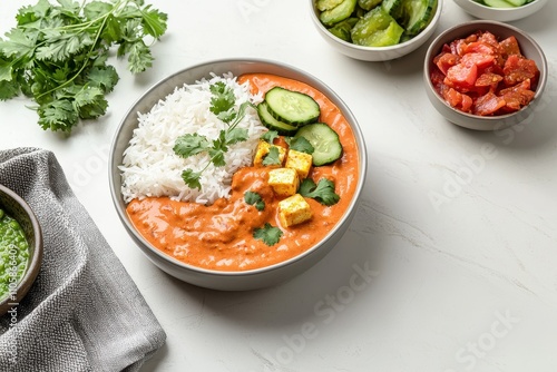 Colorful Bowl of Rice with Curry and Fresh Vegetables on Table