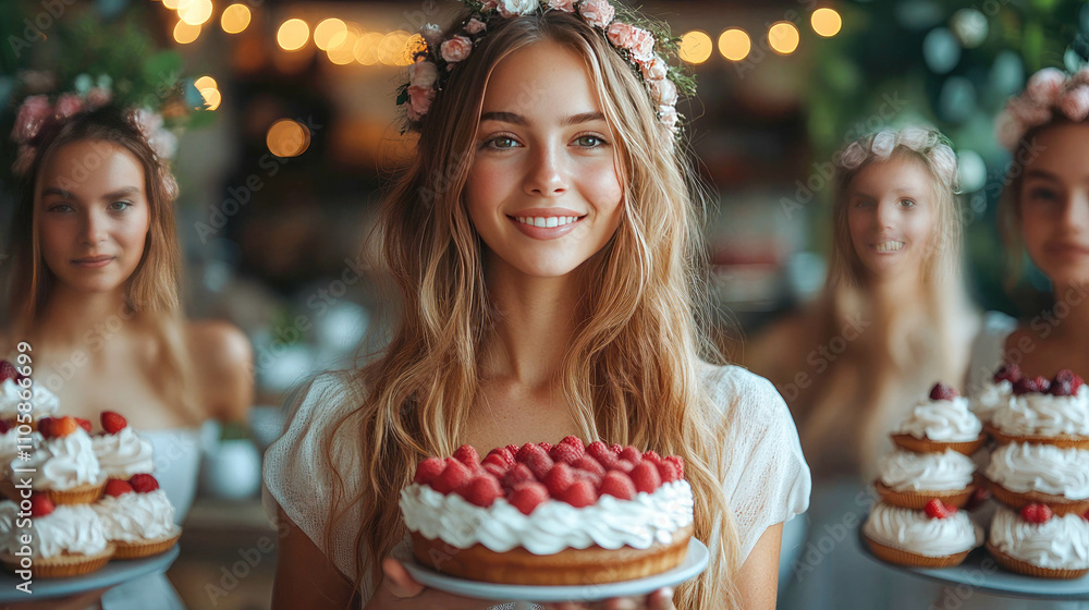 Smiling woman in a floral crown presenting a raspberry-topped cake, standing in a warm, festive ambiance with fairy lights in the background Smiling woman in a floral crown presenting a raspberry-topped cake, standing in a warm, festive ambiance with fairy lights in the background