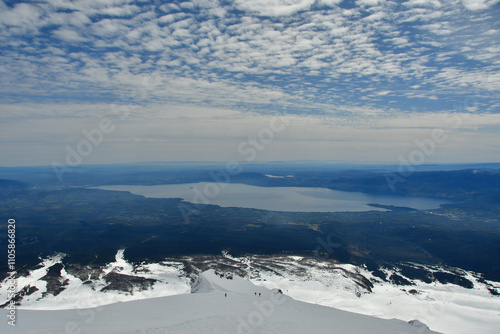 View from Villarrica Vulcano Chile Top touring ski ascent blue sky