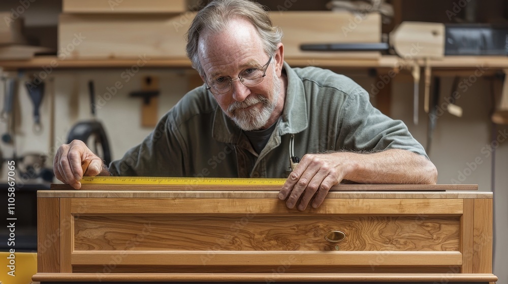 Skilled Woodworker Measuring Cabinet with Precision in Workshop Setting