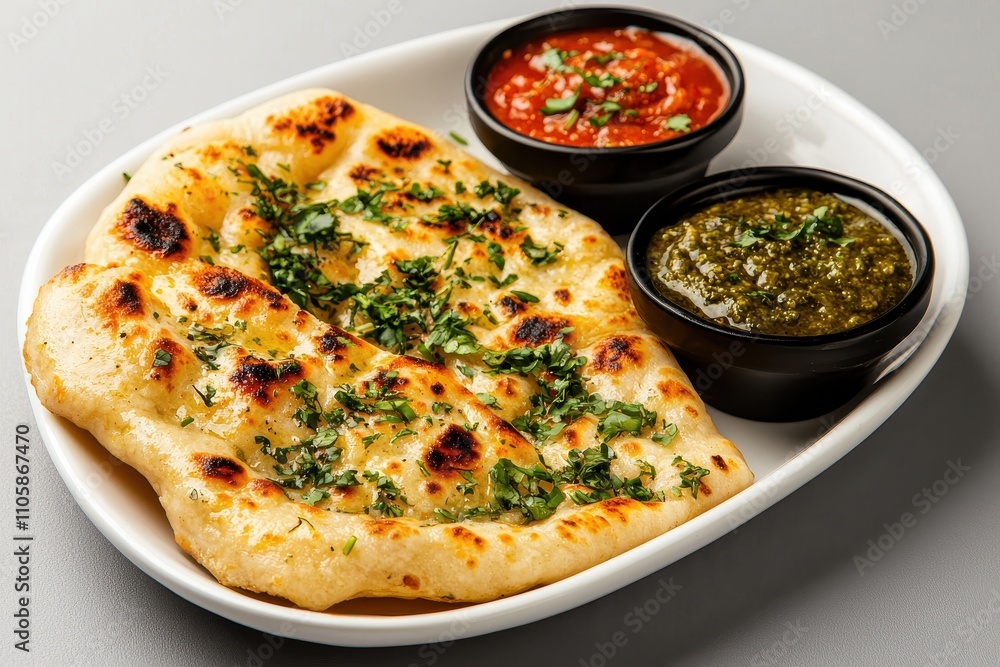 Freshly Baked Naan Bread with Green and Red Dipping Sauces Freshly Baked Naan Bread with Green and Red Dipping Sauces