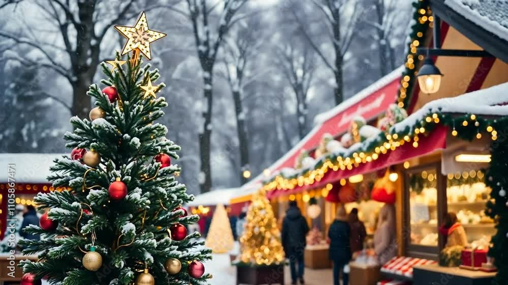 Decorated Christmas tree outdoors in snow in a market during daytime Decorated Christmas tree outdoors in snow in a market during daytime