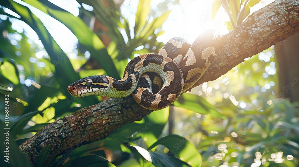 Naklejka premium Photorealistic Jungle Scene Featuring a Colorful Snake on a Tropical Tree Branch with Lush Greenery and Bright Lighting