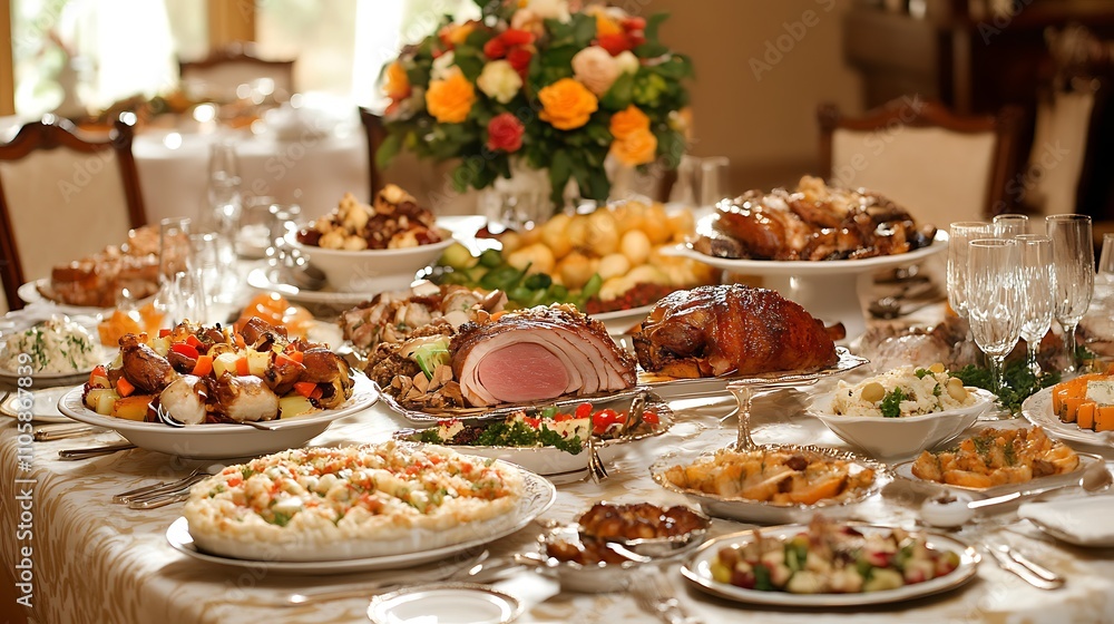 A beautifully arranged dining table with a variety of dishes, including roasted meats, vegetables, and a salad centerpiece A beautifully arranged dining table with a variety of dishes, including roasted meats, vegetables, and a salad centerpiece